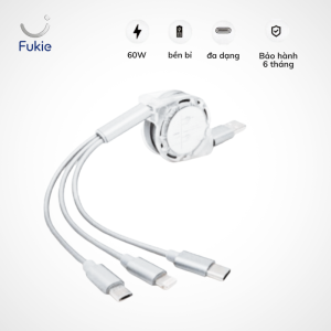 Cáp Sạc 3 Đầu Fukie 60W - Cáp Rút Gọn Đa Năng Sạc Nhanh