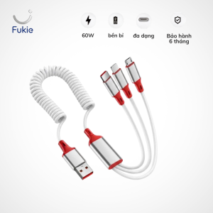 Cáp Sạc Đa Năng 3 Trong 1 Sạc Nhanh 60W – Dây Sạc Lò Xo Co Giãn Chống Rối Cao Cấp Cho iPhone Type C Micro - Fukie